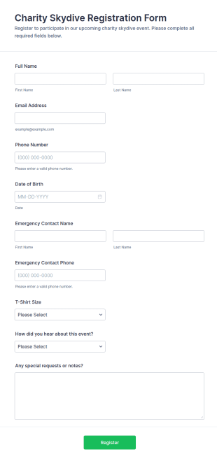 Charity Skydive Registration Form Template