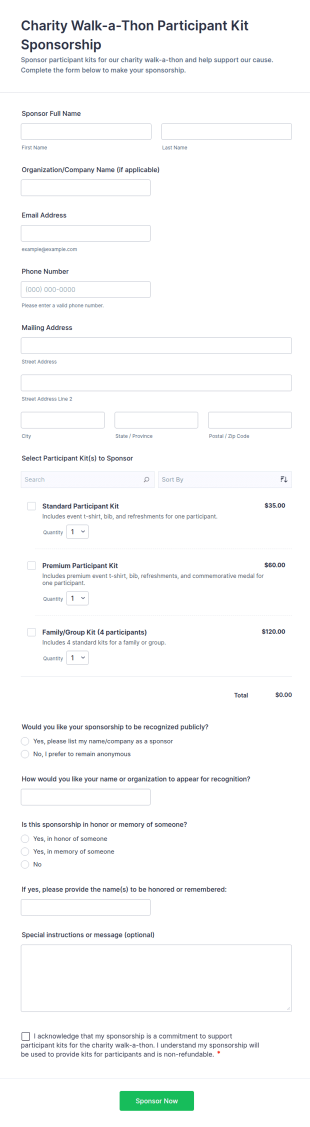 Charity Walk A Thon Participant Kit Sponsorship Form Template