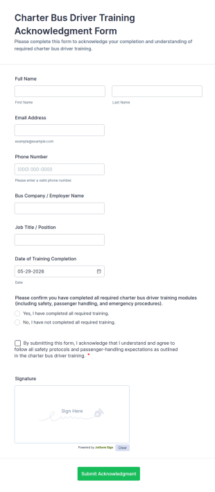 Charter Bus Driver Training Acknowledgment Form Template