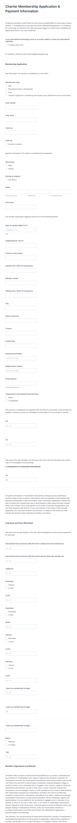 Charter Membership Application & Payment Information Form Template