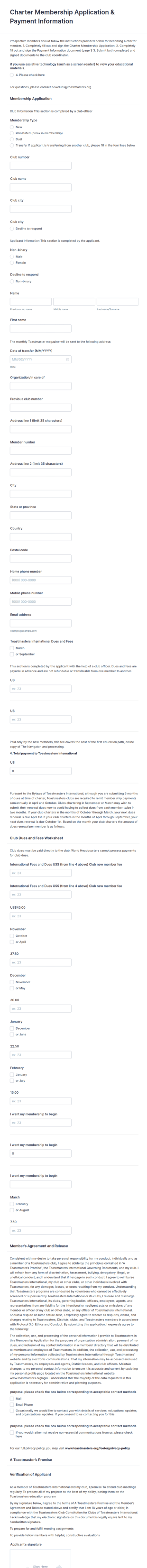 Charter Membership Application & Payment Information Form Template