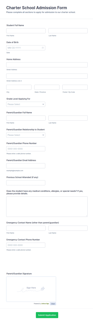 Charter School Admission Form Template