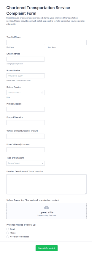 Chartered Transportation Service Complaint Form Template