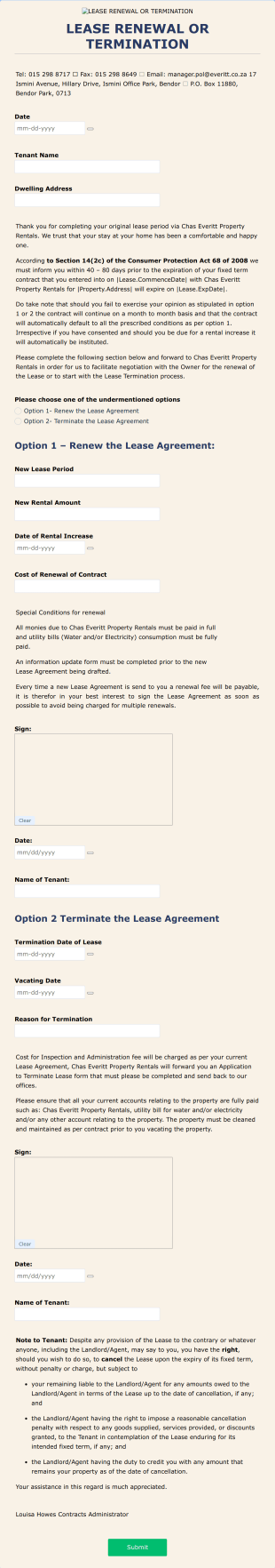 Lease Renewal Or Termination Form Template