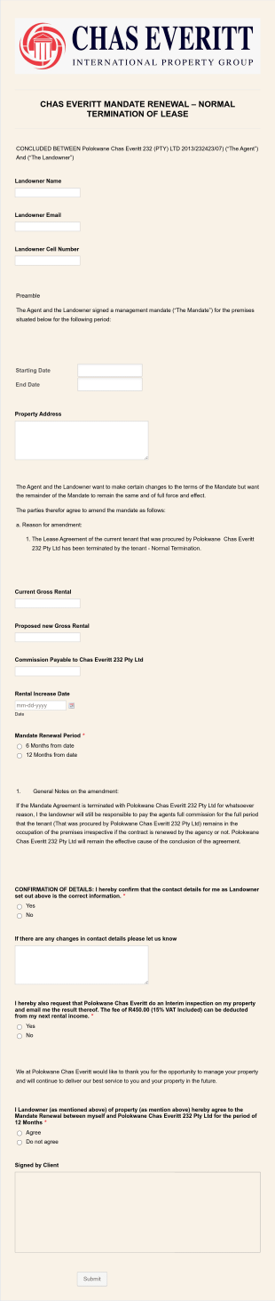 CHAS EVERITT MANDATE RENEWAL – NORMAL TERMINATION OF LEASE Final Form Template