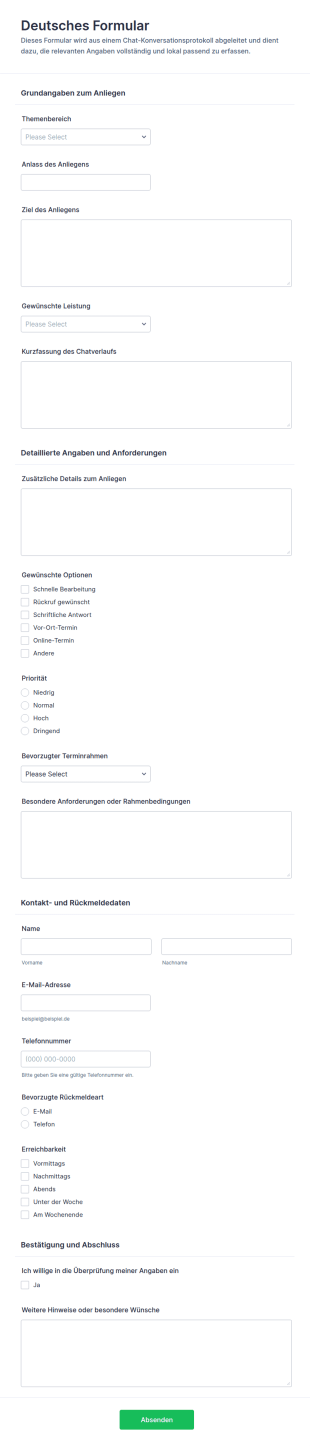 Chat Protokoll Erfassungsformular