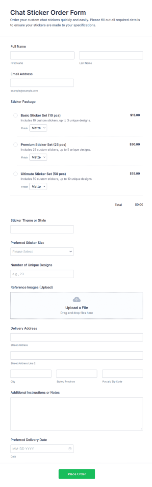 Chat Sticker Order Form Template
