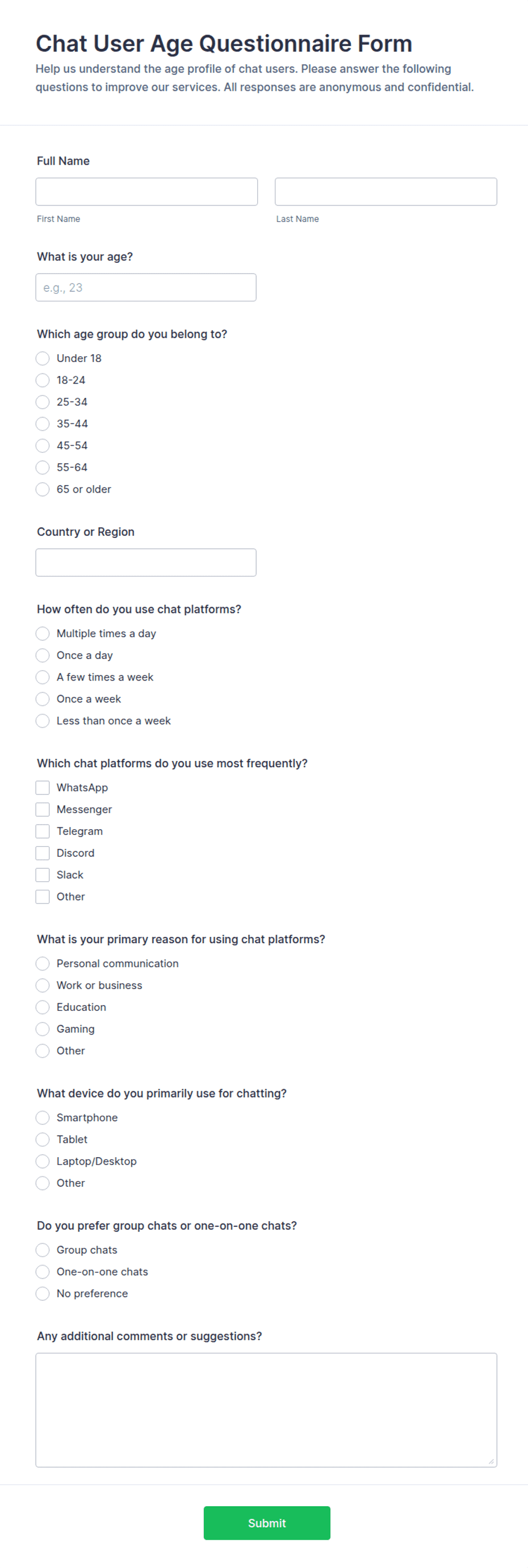 Chat User Age Questionnaire Form Template | Jotform