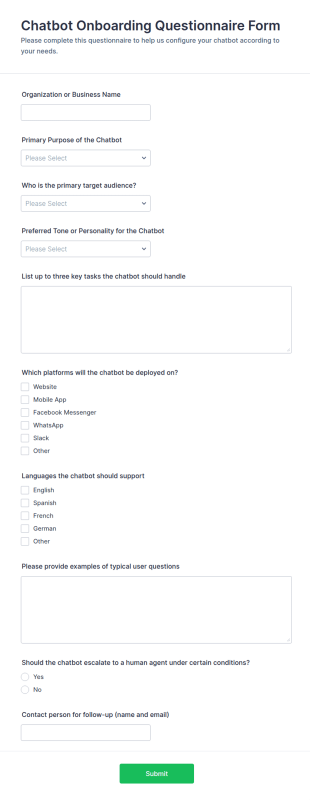 Chatbot Onboarding Questionnaire Form Template