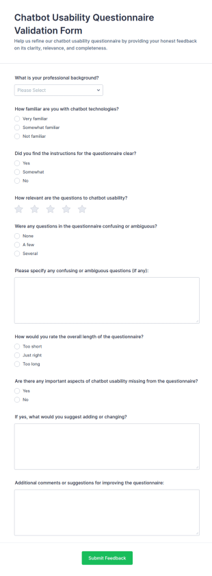 Chatbot Usability Questionnaire Validation Form Template