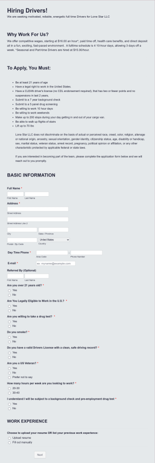 Chauffeur Job Application Form Template