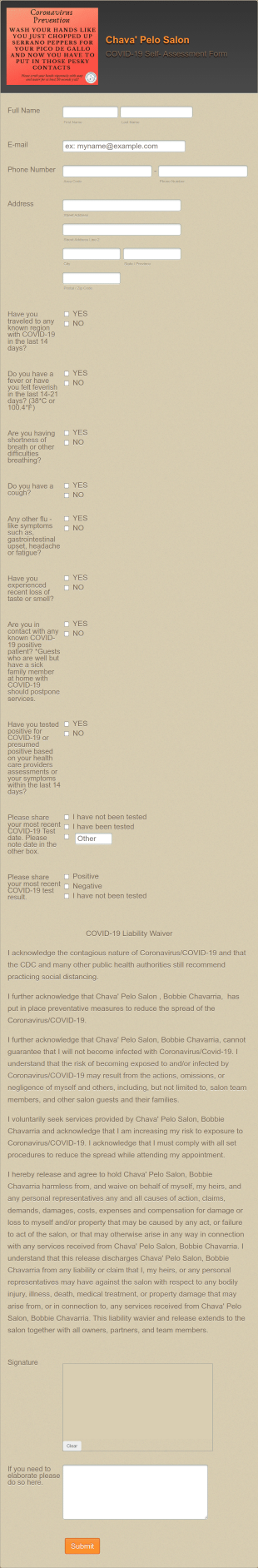 Chava' Pelo Salon Self Assessment Form Template