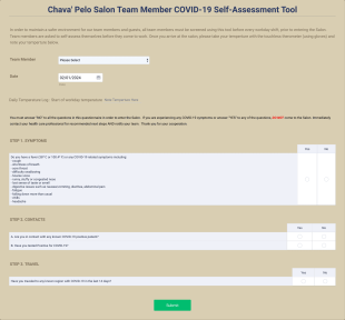 Chava' Pelo Salon Team Member COVID 19 Self Assessment Form Template