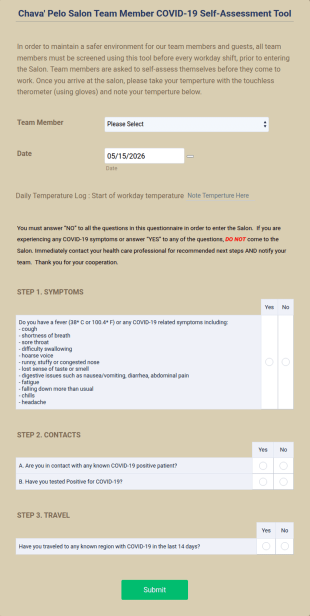 Chava' Pelo Salon Team Member COVID 19 Self Assessment Form Template