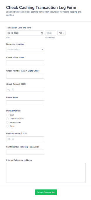 Check Cashing Transaction Log Form Template