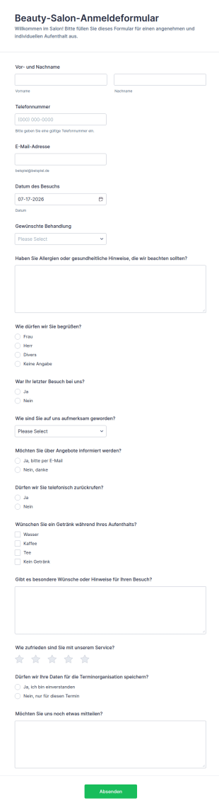Check In Im Schönheitssalon Formular