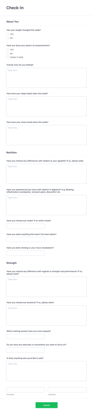 Fitness Weekly Check In Form Template