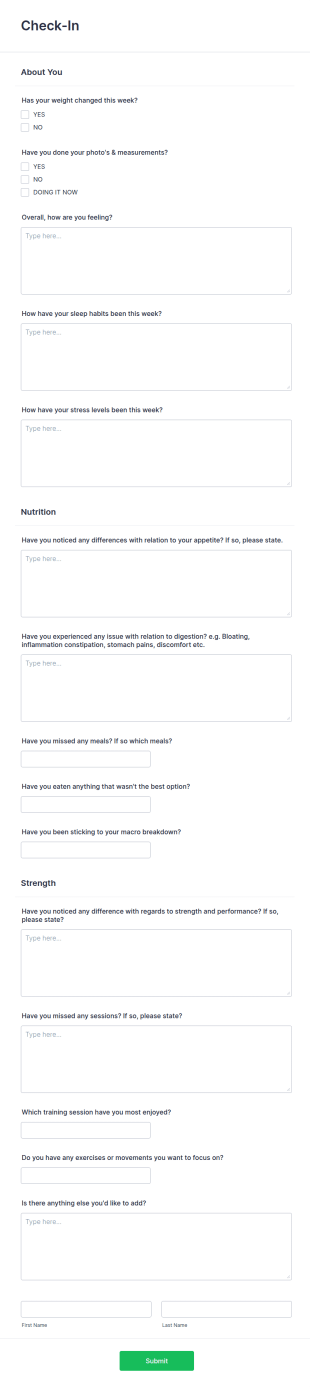 Fitness Weekly Check In Form Template