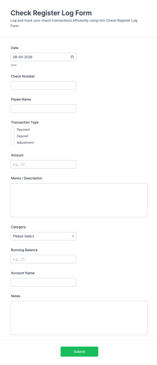 Check Register Log Form Template