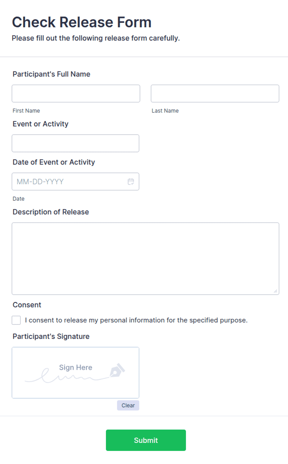 Releasing Cheque Form Check Release Form Template | Jotform