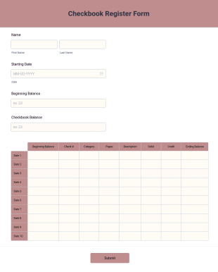 Checkbook Register Form Template