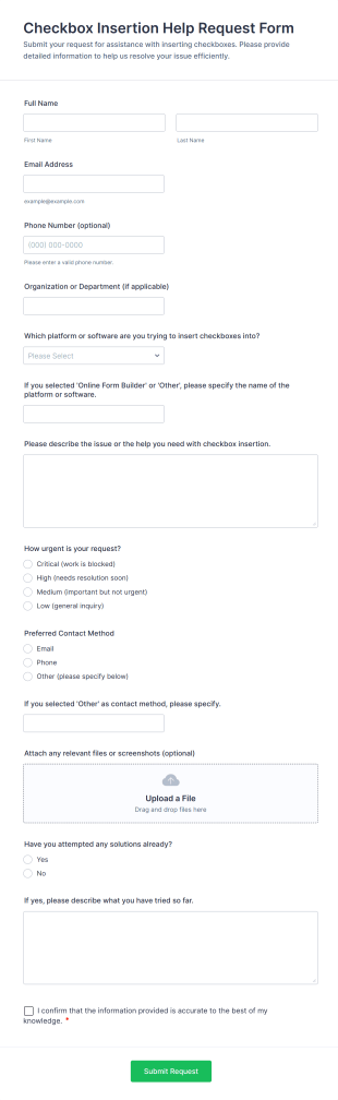 Checkbox Insertion Help Request Form Template