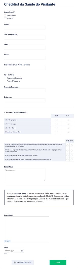 Checklist Da Saúde Do Visitante Durante A COVID 19 Form Template