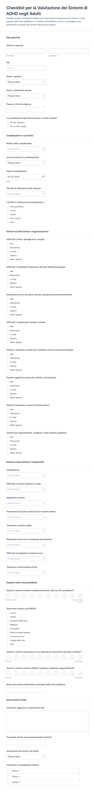 Checklist Dei Sintomi Dell’Adulto Per L’Autovalutazione Dell’ADHD
