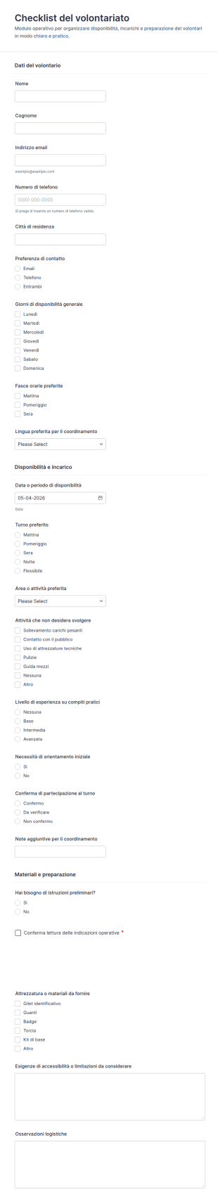 Checklist Delle Mansioni Dei Volontari Form