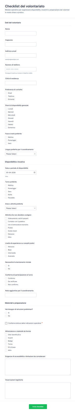 Checklist Delle Mansioni Dei Volontari Form