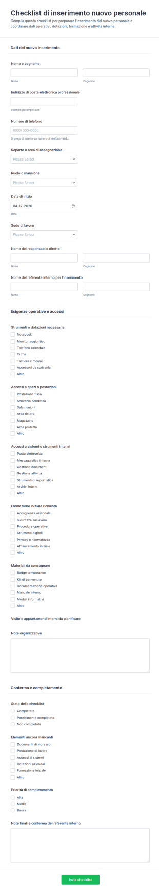 Checklist Di Assunzione Nuovo Collaboratore Form