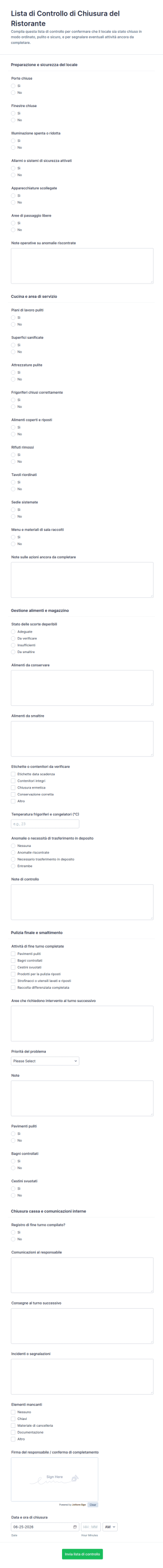 Checklist Di Chiusura Del Ristorante