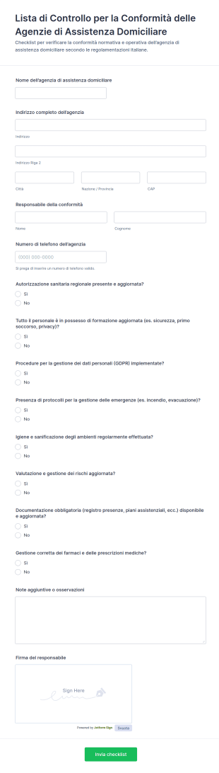Checklist Di Conformità Per Agenzia Di Assistenza Domiciliare Form
