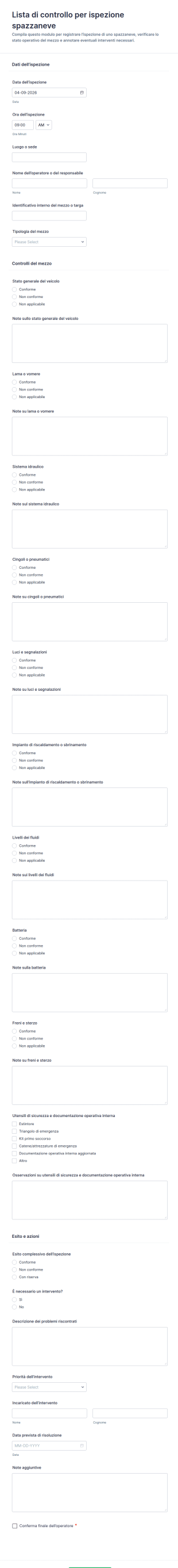 Checklist Di Ispezione Della Spazzaneve