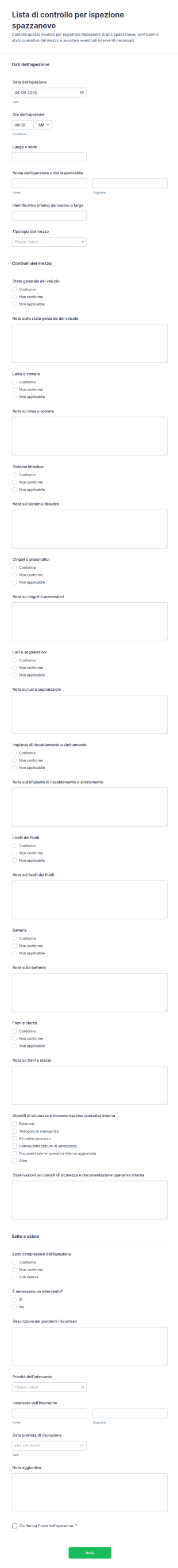 Checklist Di Ispezione Della Spazzaneve