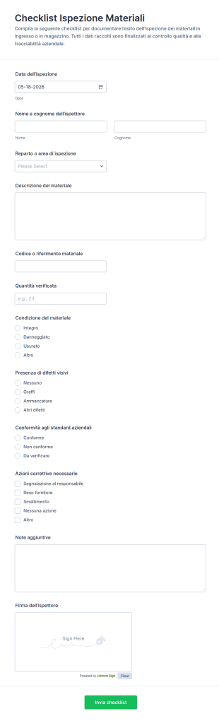 Checklist Di Ispezione Materiale Form