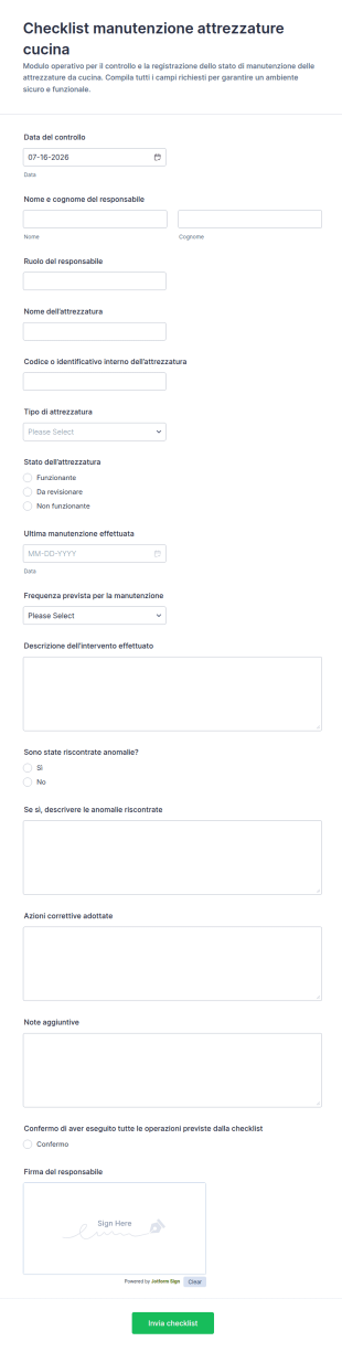 Checklist Di Manutenzione Delle Attrezzature Di Cucina
