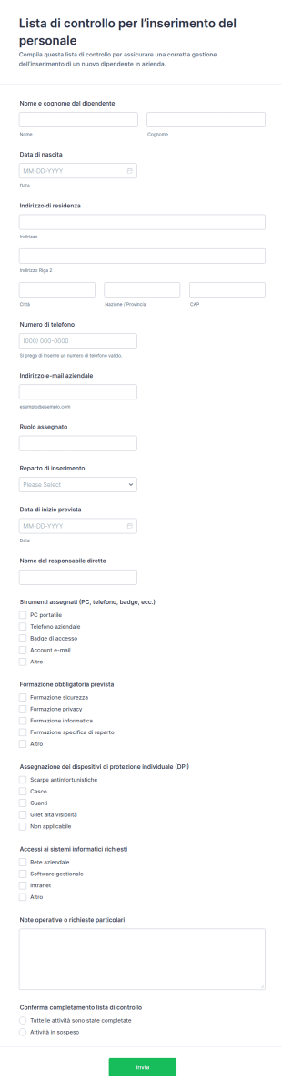 Checklist Di Onboarding Del Dipendente