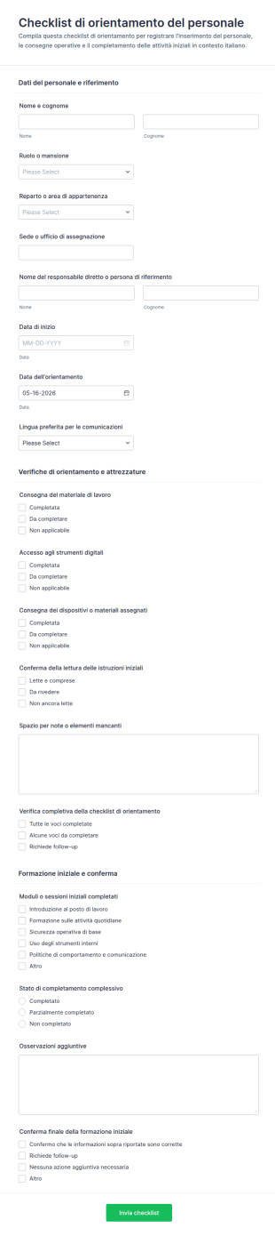 Checklist Di Orientamento Del Personale Form