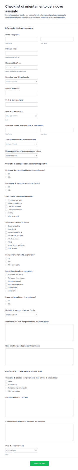 Checklist Di Orientamento Per Nuovo Assunto Modulo