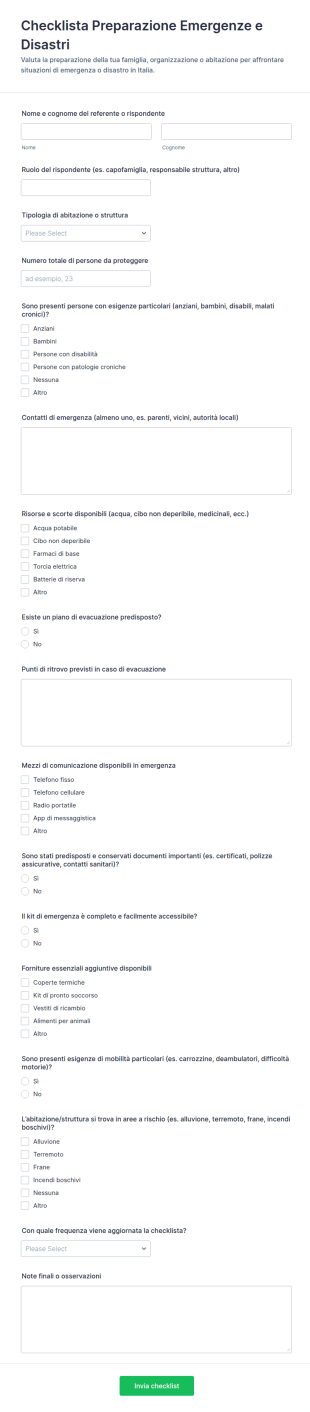 Checklist Di Preparazione Ai Disastri Form