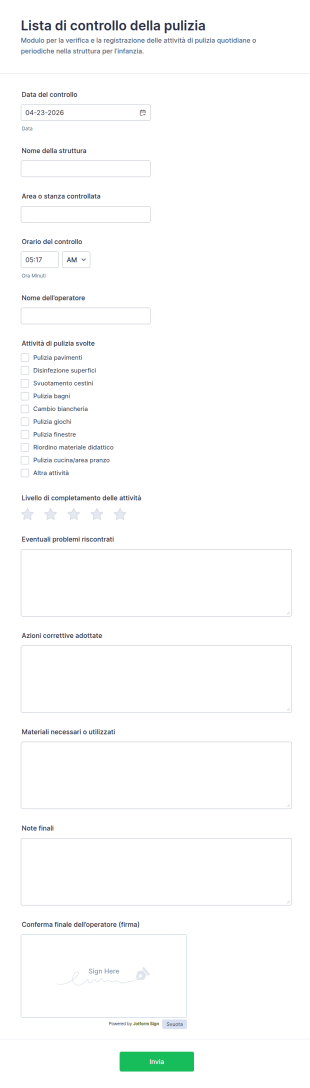 Checklist Di Pulizia Asilo Form
