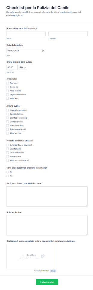 Checklist Di Pulizia Del Canile