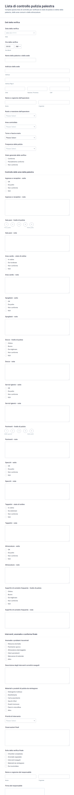 Checklist Di Pulizia Della Palestra Form
