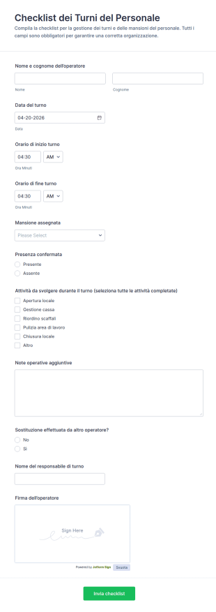 Checklist Di Servizio Del Personale