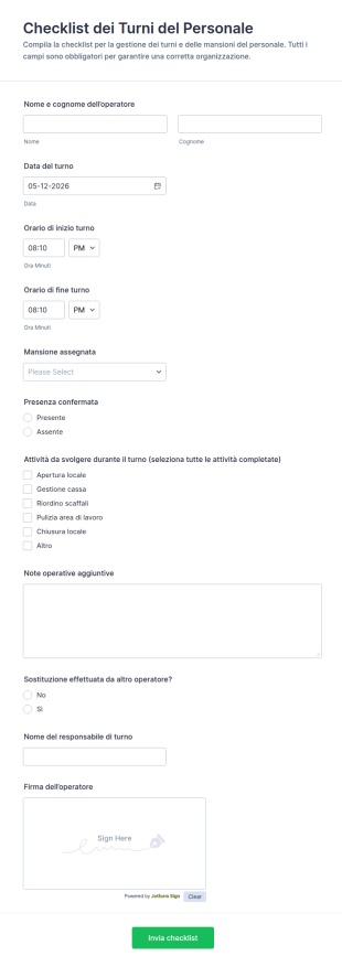 Checklist Di Servizio Del Personale