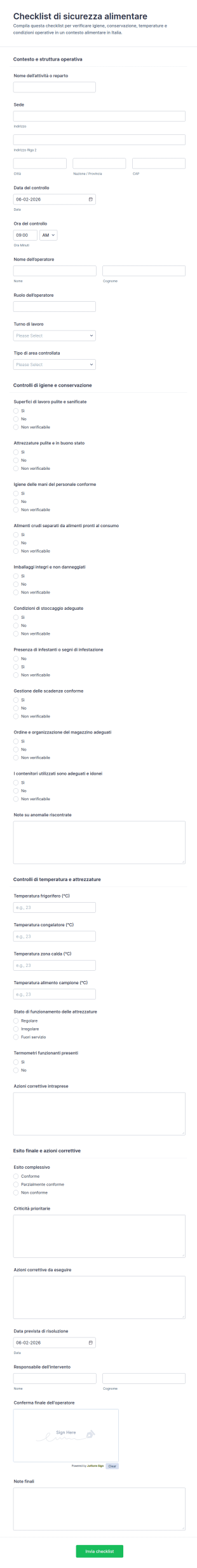 Checklist Di Sicurezza Alimentare Form