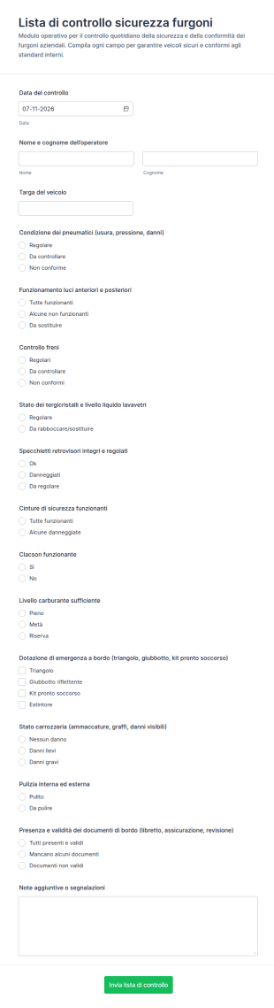Checklist Di Sicurezza Del Furgone