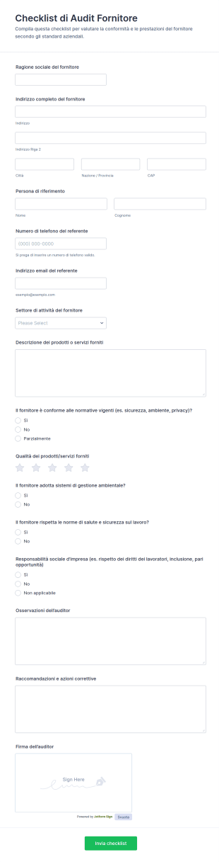 Checklist Di Valutazione Fornitore