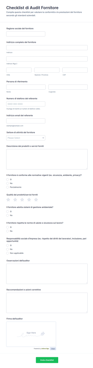 Checklist Di Valutazione Fornitore